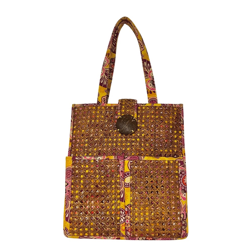 Vera Bradley Paisley Rattan Straw Wicker Weave Tote Bag Floral Yellow Boho